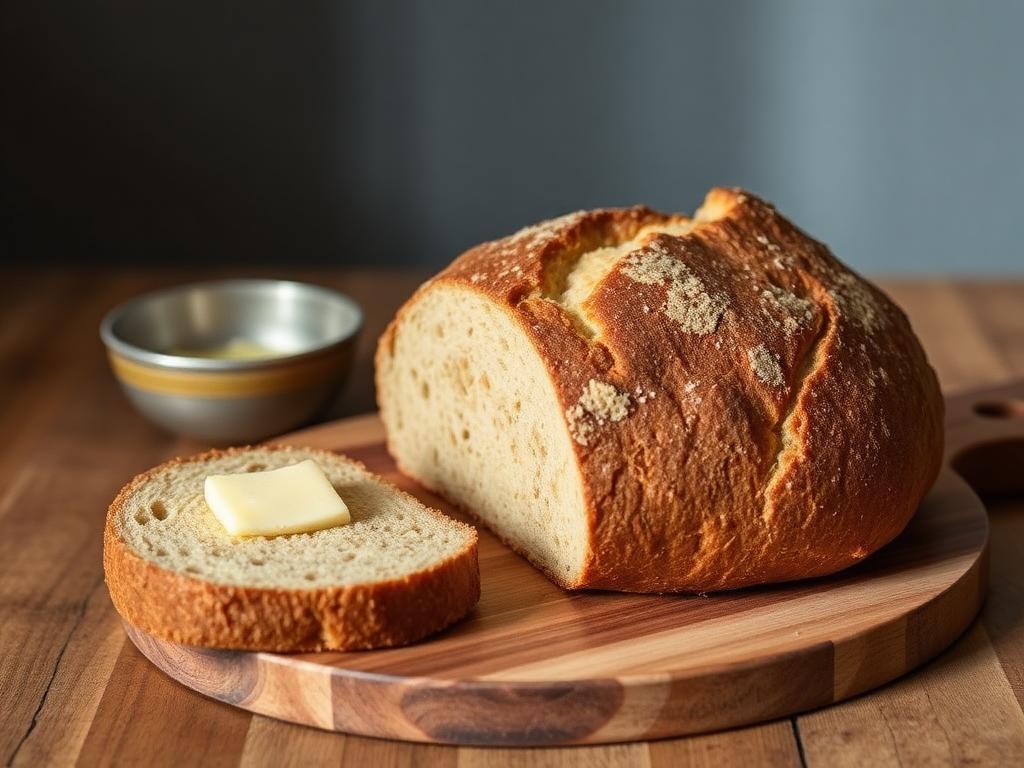 Pyöreä vaalea leipä viipaloituna puisella leikkuulaudalla