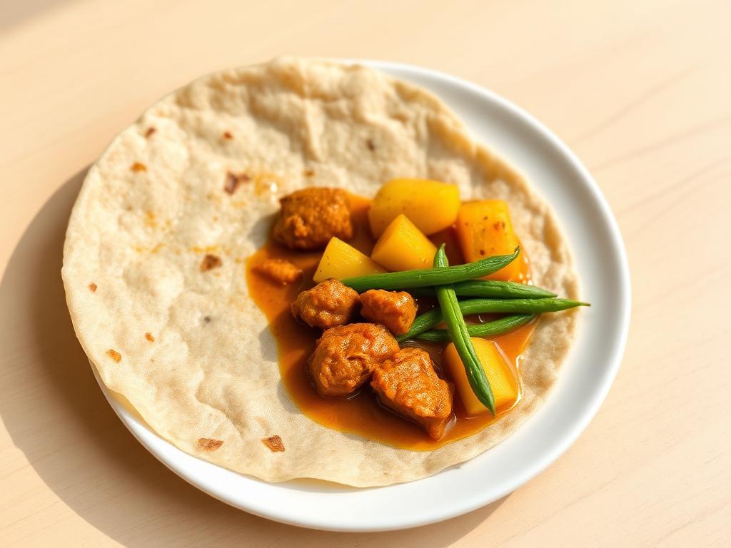 Ohut litteä leipä kanacurryn ja perunan kanssa lautasella