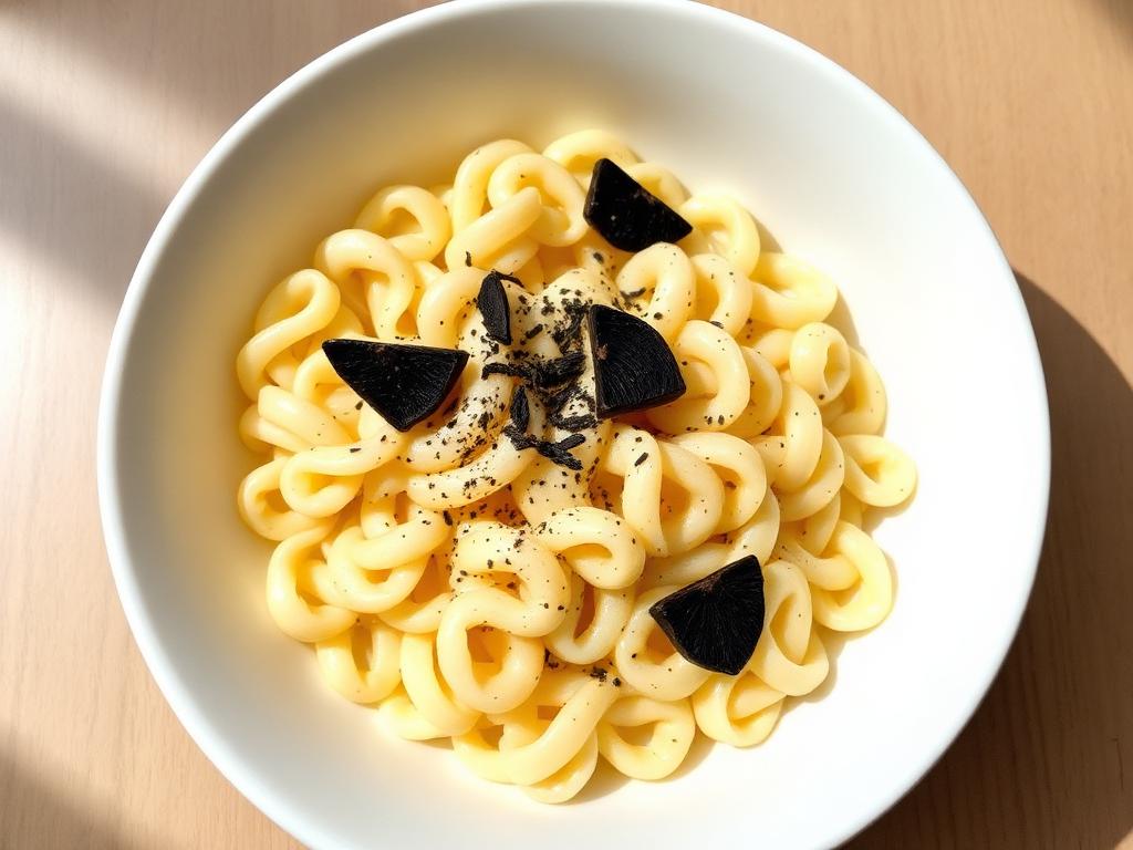 Kierrettyä pastaa vaaleassa kastikkeessa tryffeliraasteen kanssa