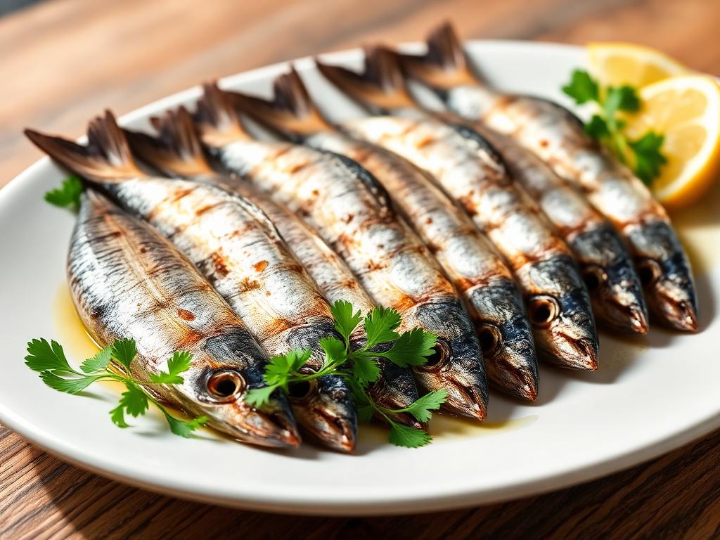 Grillattuja pieniä sardiineja lautasella persiljan ja sitruunan kanssa