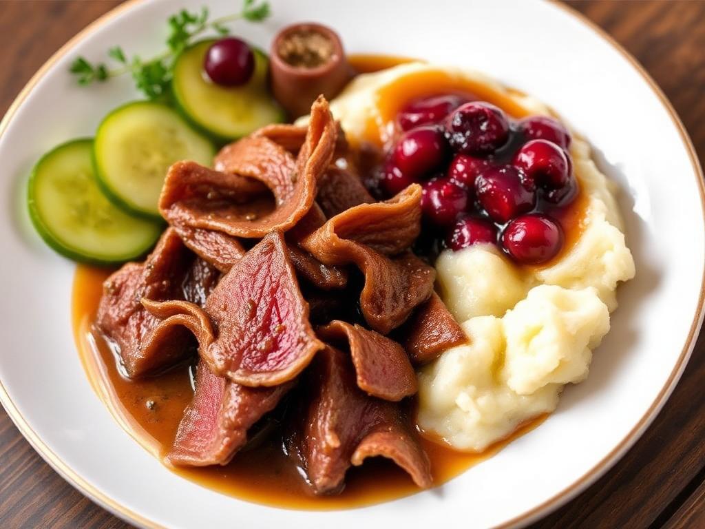 Poronkäristystä perunamuusin ja puolukkasurvoksen kanssa lautasella