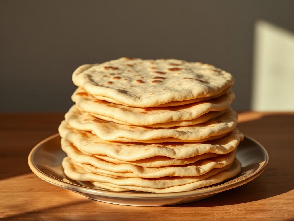 Kerroksellisia paistettuja litteitä leipiä pinossa lautasella