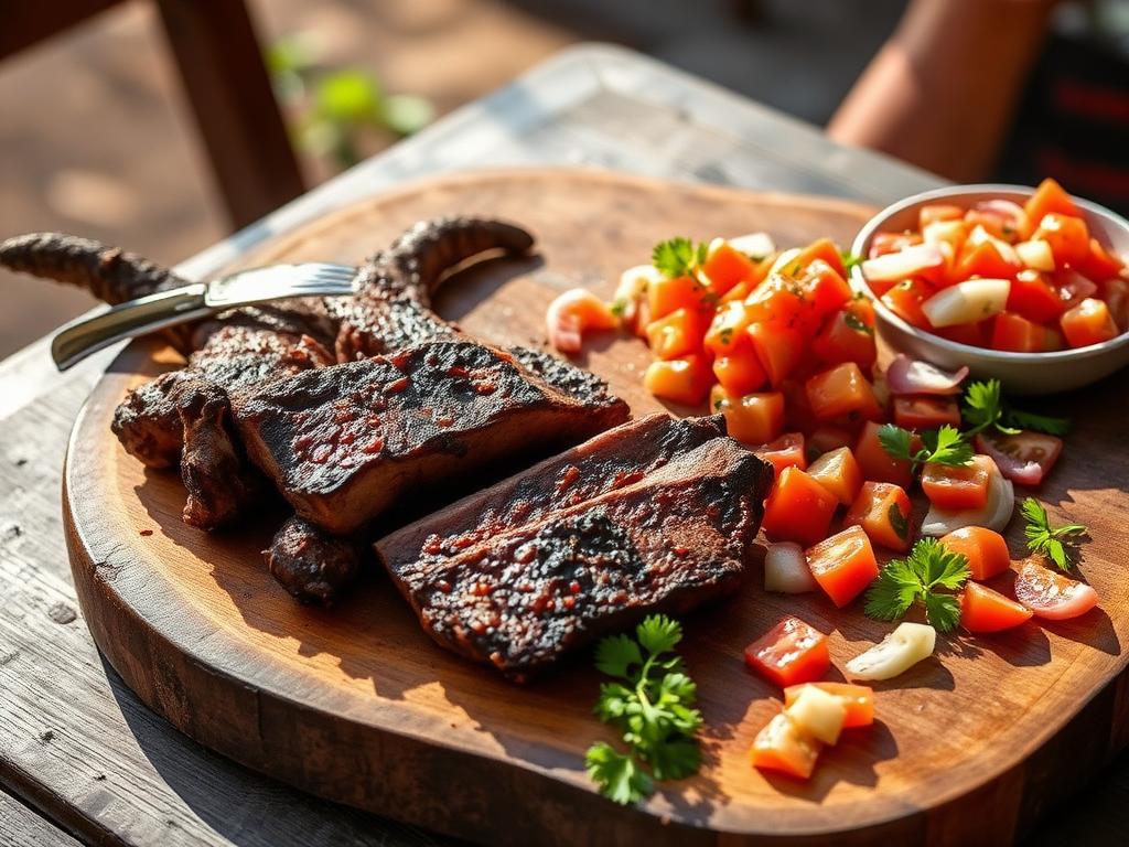 Grillattuja lihapaloja puulaudalla tomaatti-sipulisalaatin kera