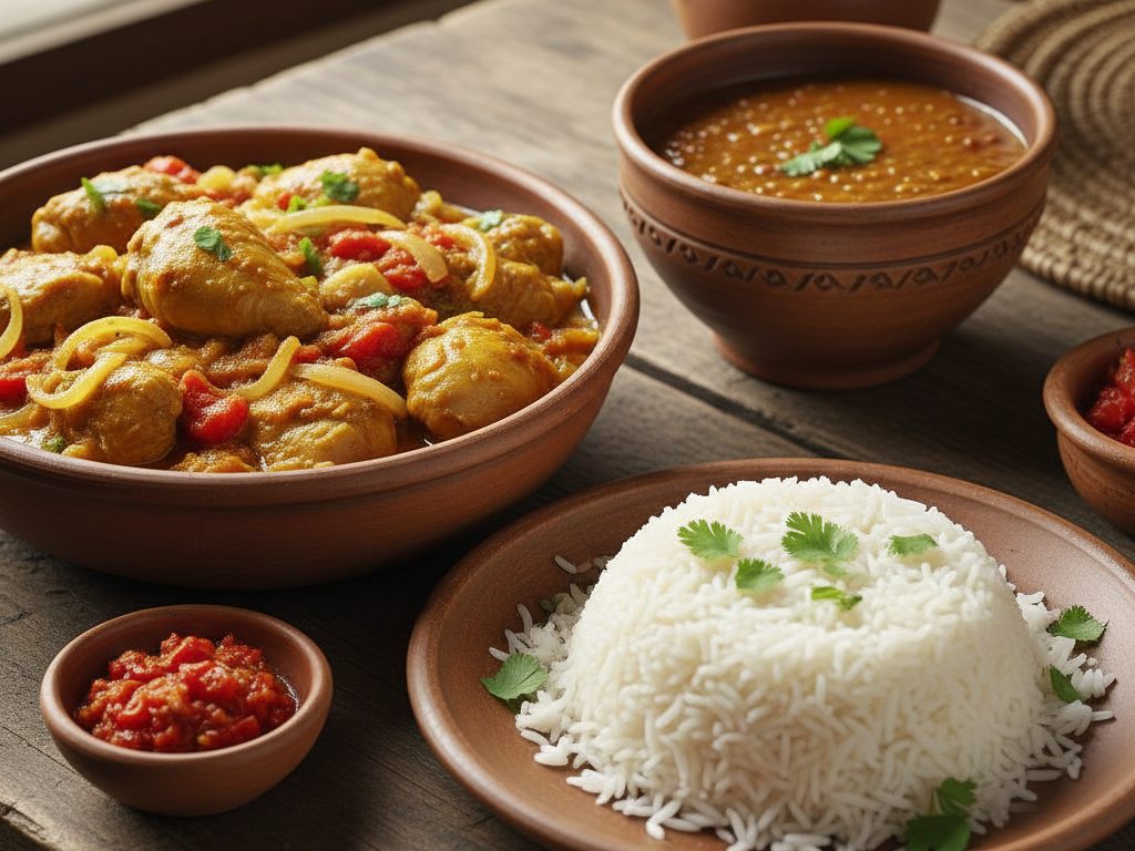 Kanacurry riisin ja papukastikkeen kera