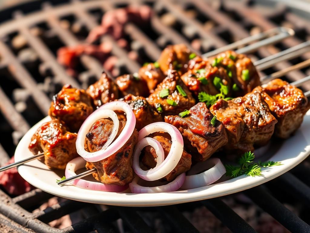 Grillattuja lihapaloja metallivartaissa sipulirenkaiden kanssa