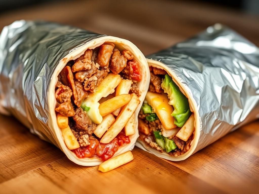Halkaistu burrito lihalla, juustolla ja ranskalaisilla
