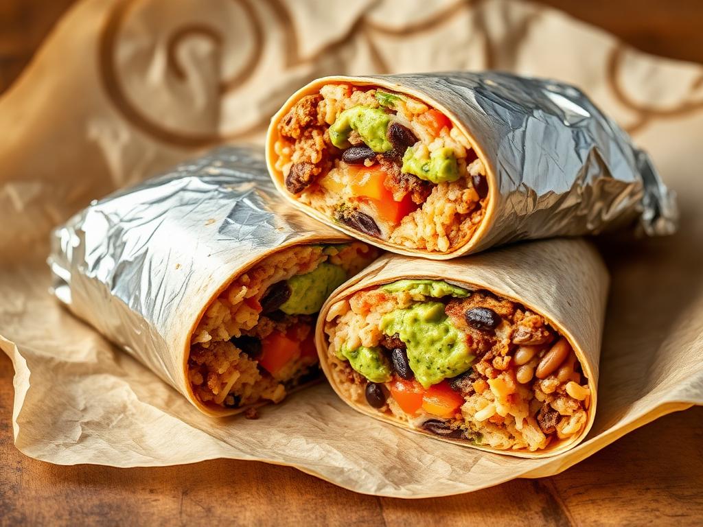 Suuri folioon kääritty burrito halkaistuna täytteet näkyvissä