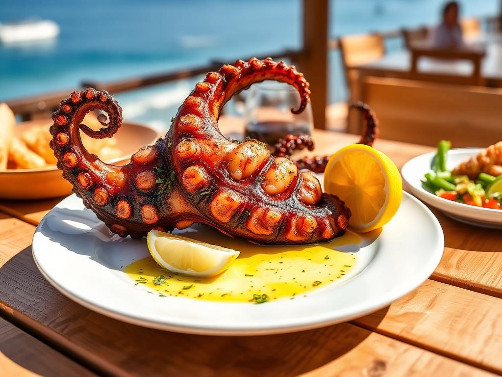 Grillattuja mustekalan lonkeroita lautasella sitruunan ja oreganon kera