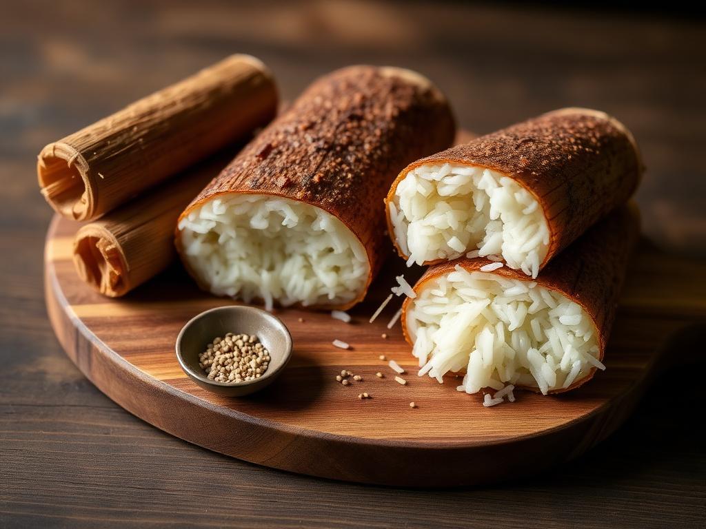 Bambuputkessa paahdettua tahmeaa riisiä halkaistuna puulaudalla