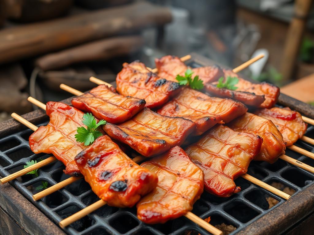 Grillattuja porsaanpaloja hiiligrillillä yrttien kanssa