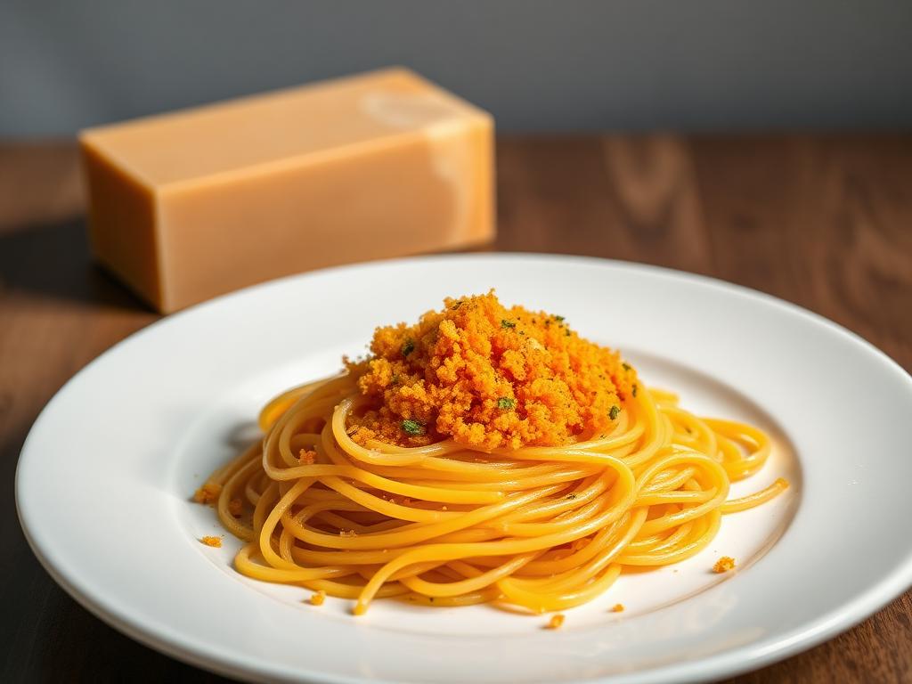 Spagettia ja oranssia mätiraastetta lautasella