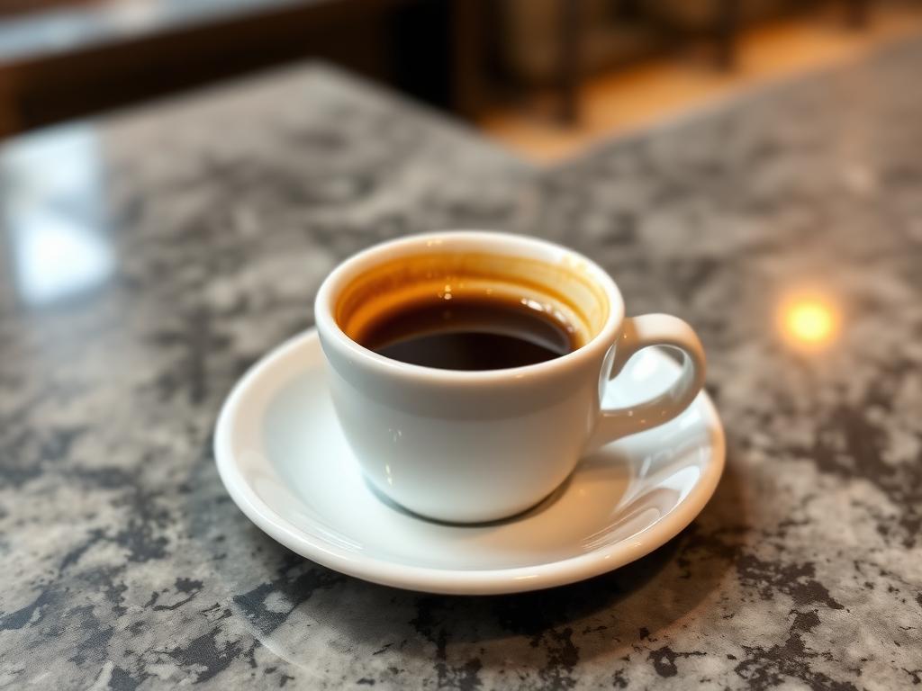 Espressokuppi tummaa kahvia kahvilan tiskillä