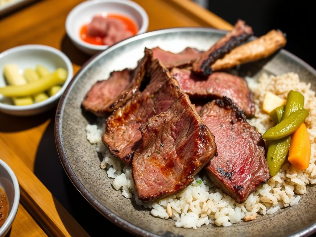 Grillattuja paksuja lihaviipaleita lautasella riisin ja keiton kanssa