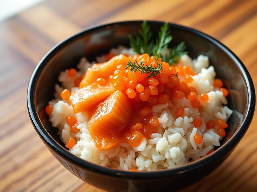 Riisikulho jonka päällä lohipaloja ja oranssia mätiä