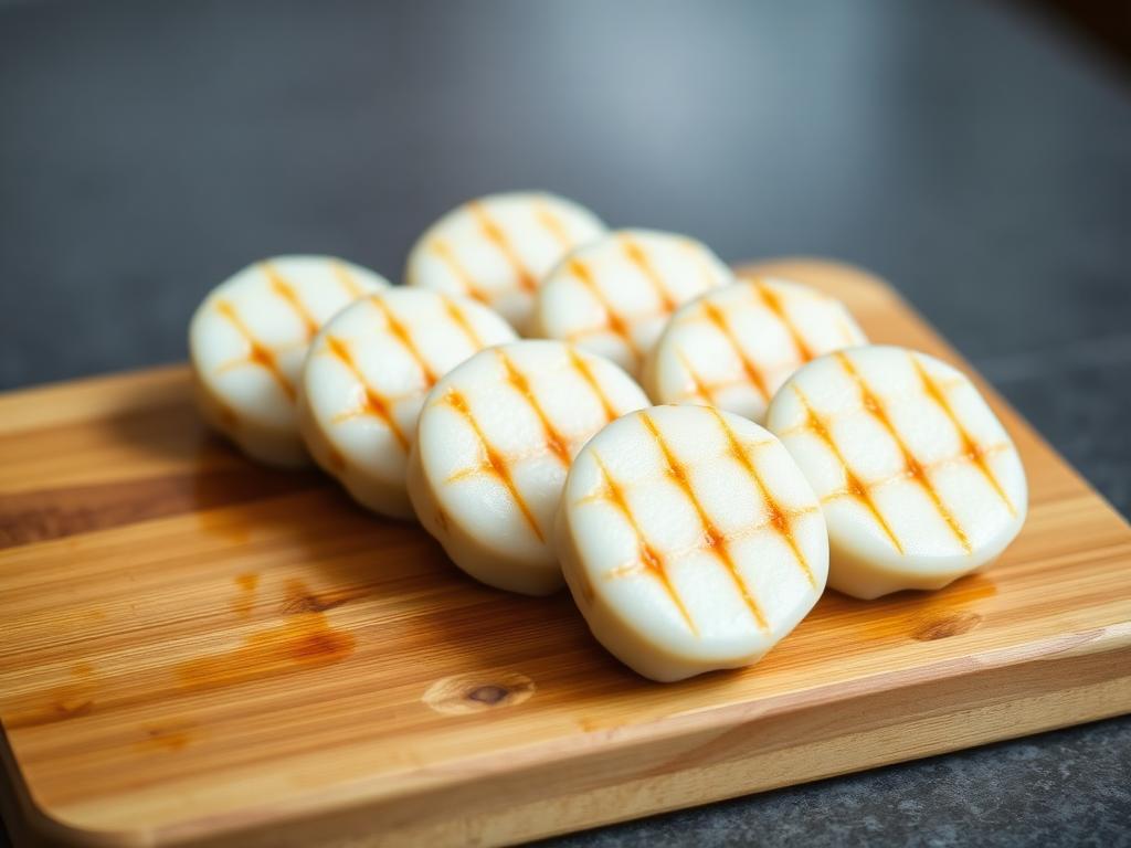 Lehdenmuotoisia grillattuja kalakakkuja puisella lautasella
