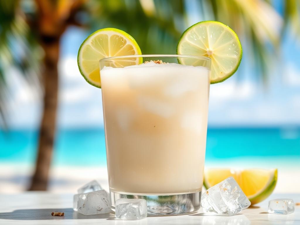 Vaaleaa rommidrinkkiä lasissa jäiden ja limeviipaleen kera