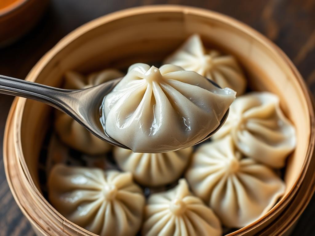 Höyrytettyjä ohutkuorisia dumplingeja bambukorissa lusikan kanssa
