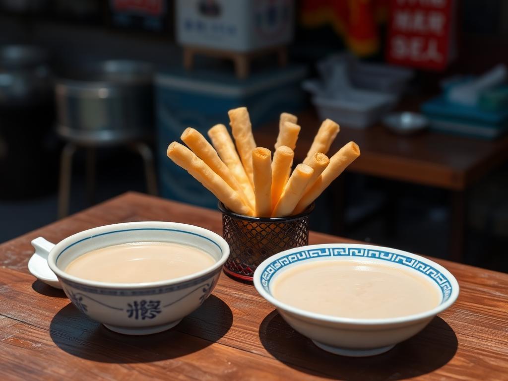 Friteerattu taikinatanko ja kulhollinen soijamaitoa pöydällä