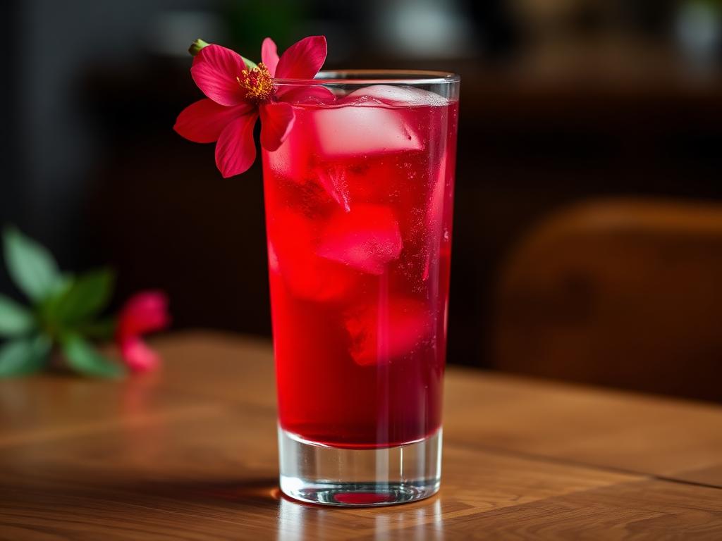 Syvänpunaista hibiskusjuomaa lasissa jäillä