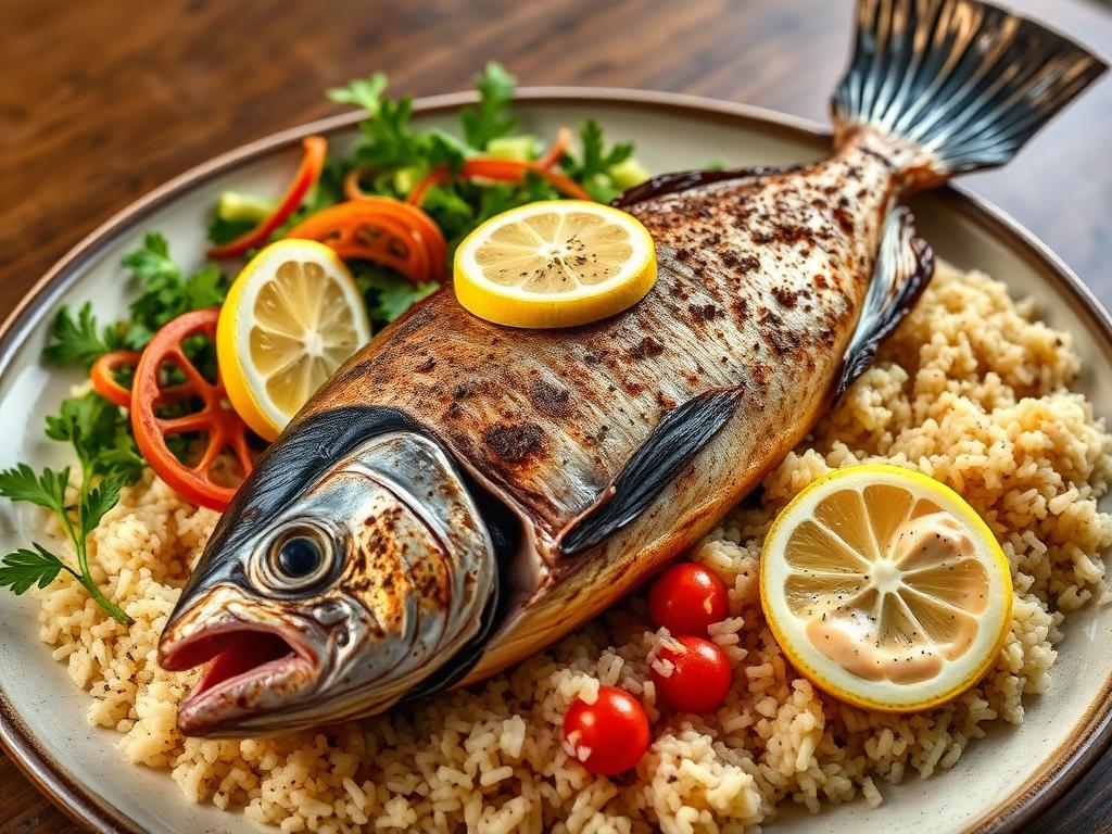 Grillattu kokonainen kala lautasella sitruunan ja riisin kera
