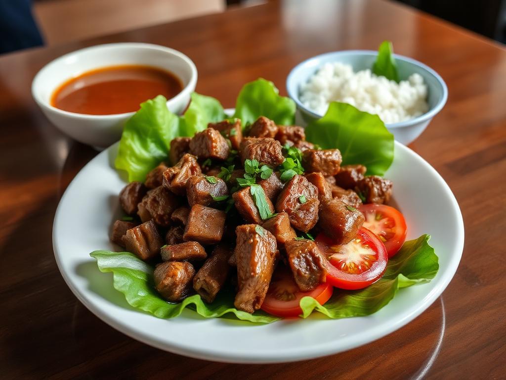 Paistettuja naudanlihakuutioita salaatin, tomaatin ja riisin kera