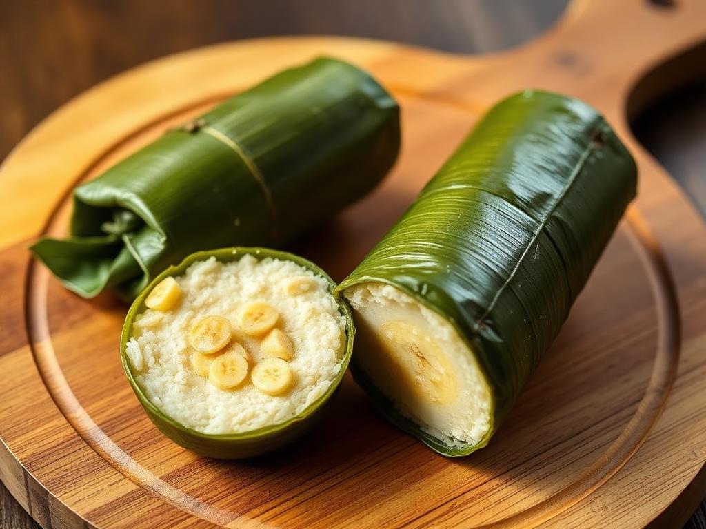 Banaaninlehteen kääritty riisikääryle avattuna lautasella