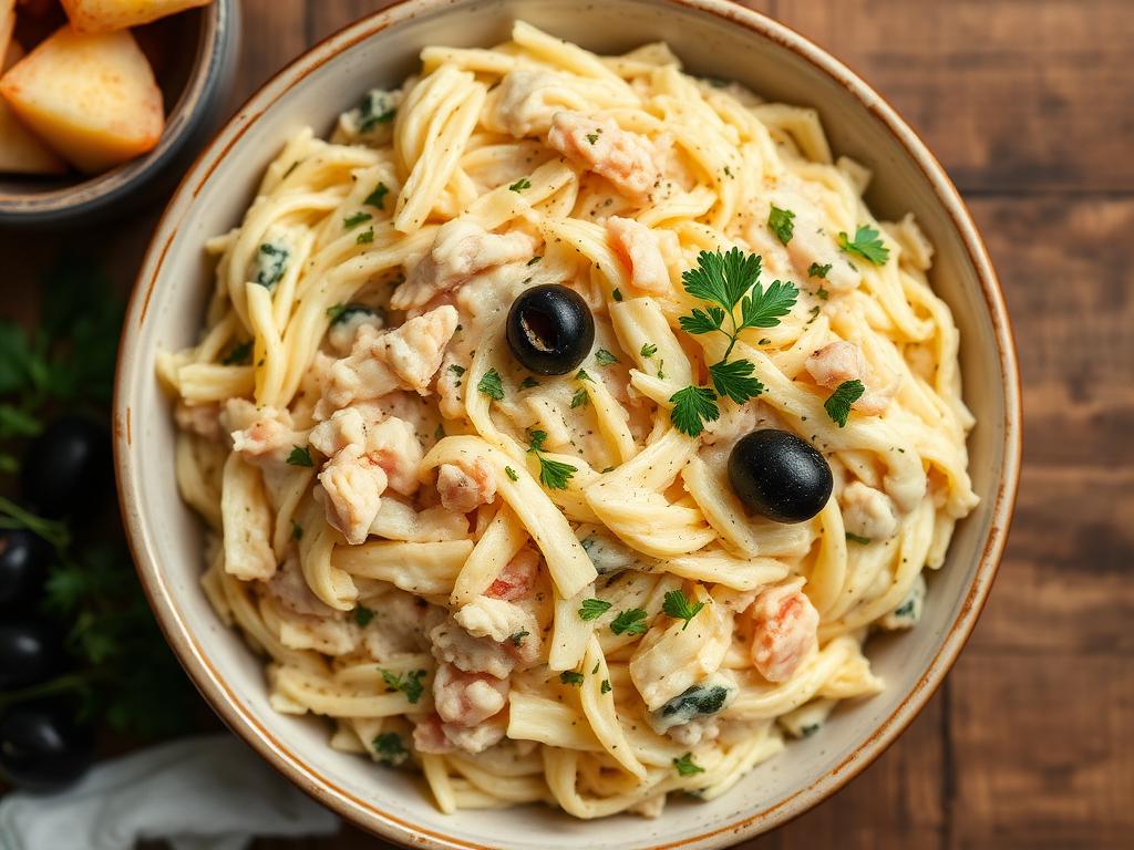 Kalasta, perunasuikaleista ja munasta tehtyä ruokaa lautasella oliivien kanssa