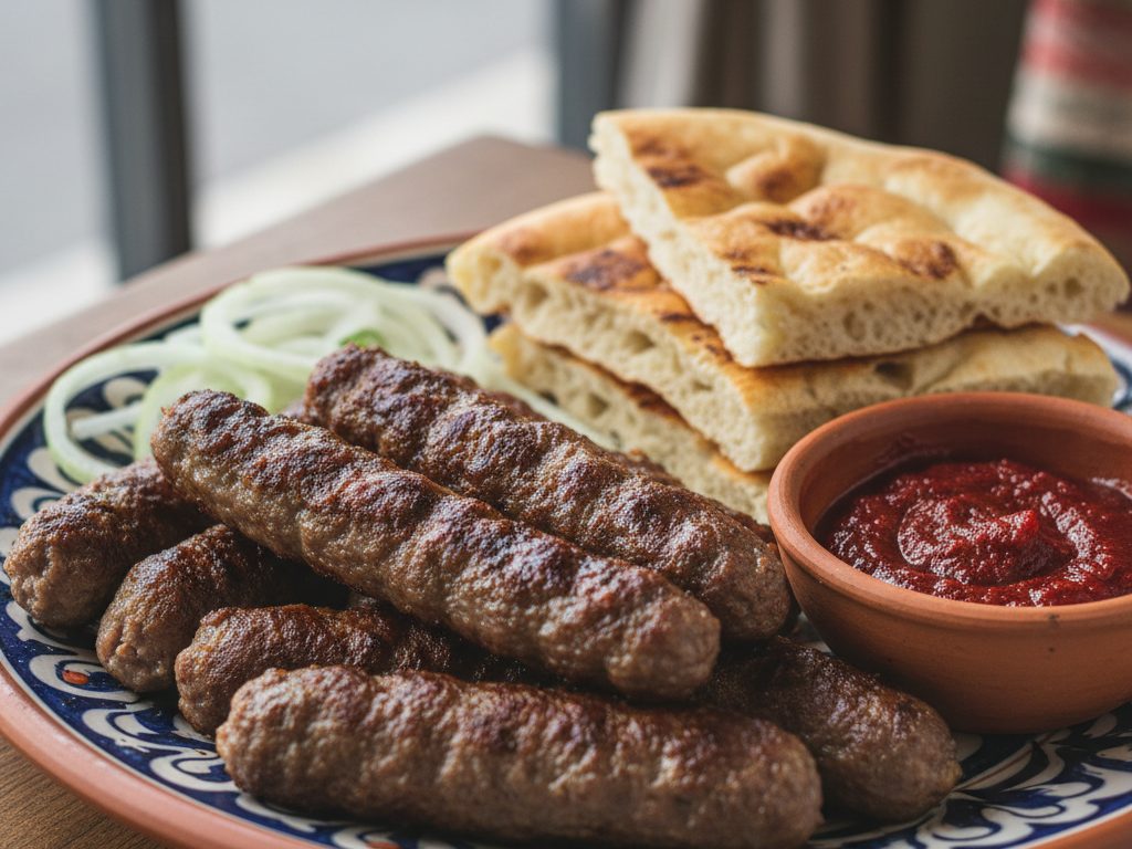 Grillattuja jauhelihapuikkoja leivän ja sipulin kera