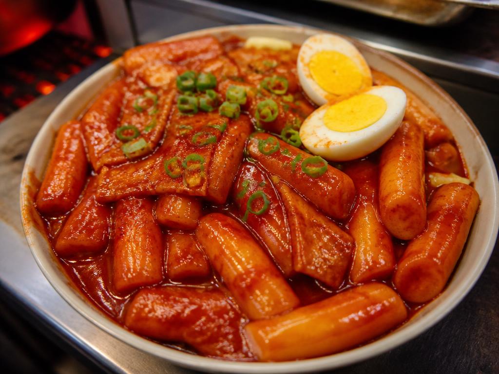 Punaisessa chilikastikkeessa hautuvia riisitankoja katukojun pannulla