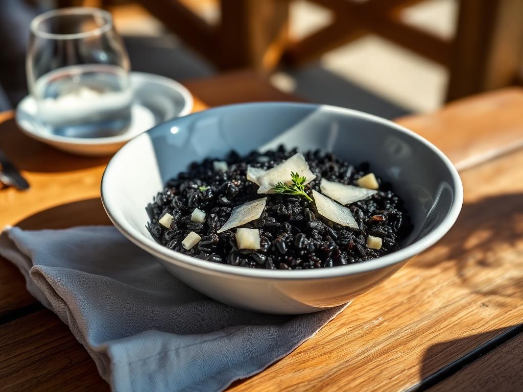 Musta risotto mustekalapaloineen lautasella