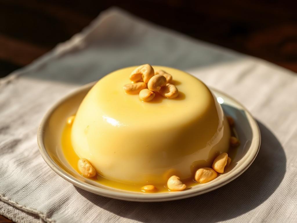 Tummaa vanukasta lautasella cashewpähkinöiden kera