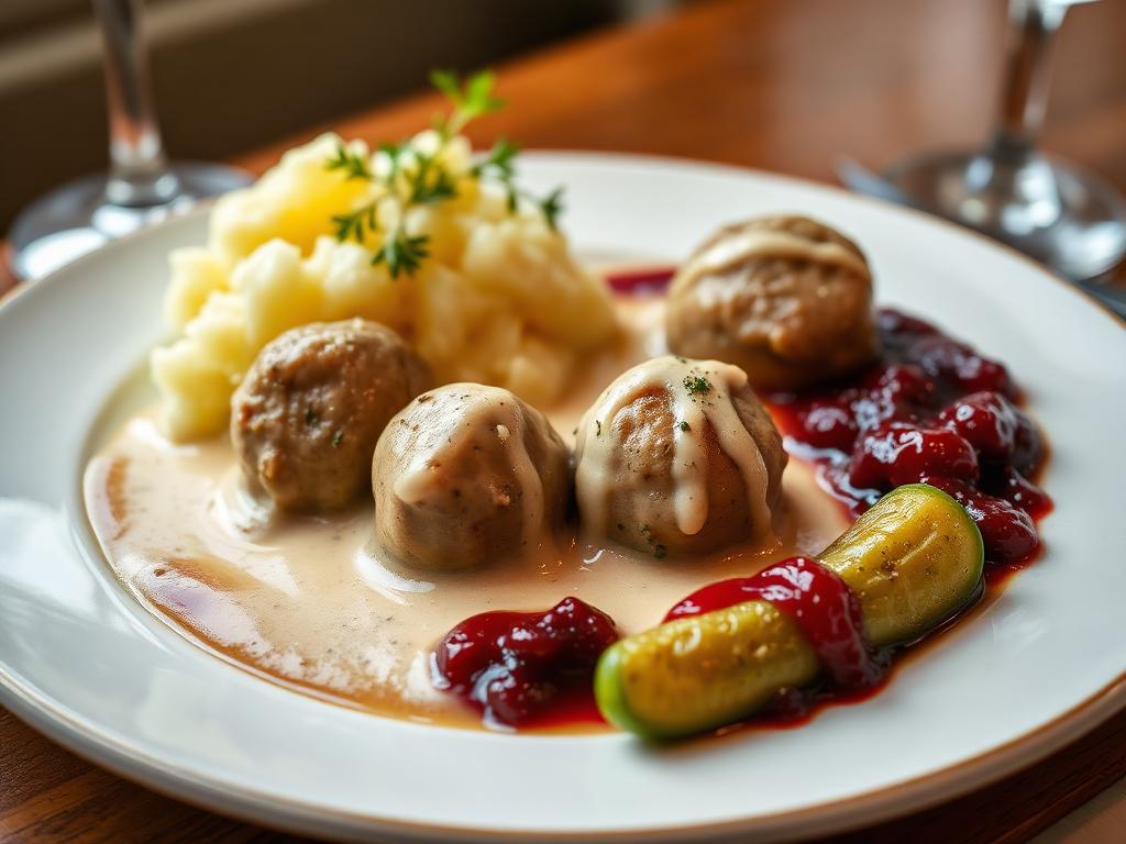 Lihapullia kermakastikkeessa perunamuusin ja puolukkahillon kera