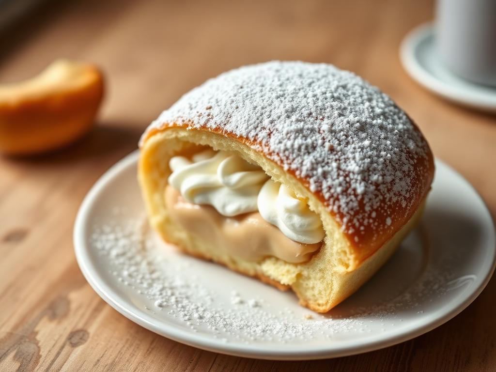 Kermalla ja mantelimassalla täytetty pulla tomusokerilla