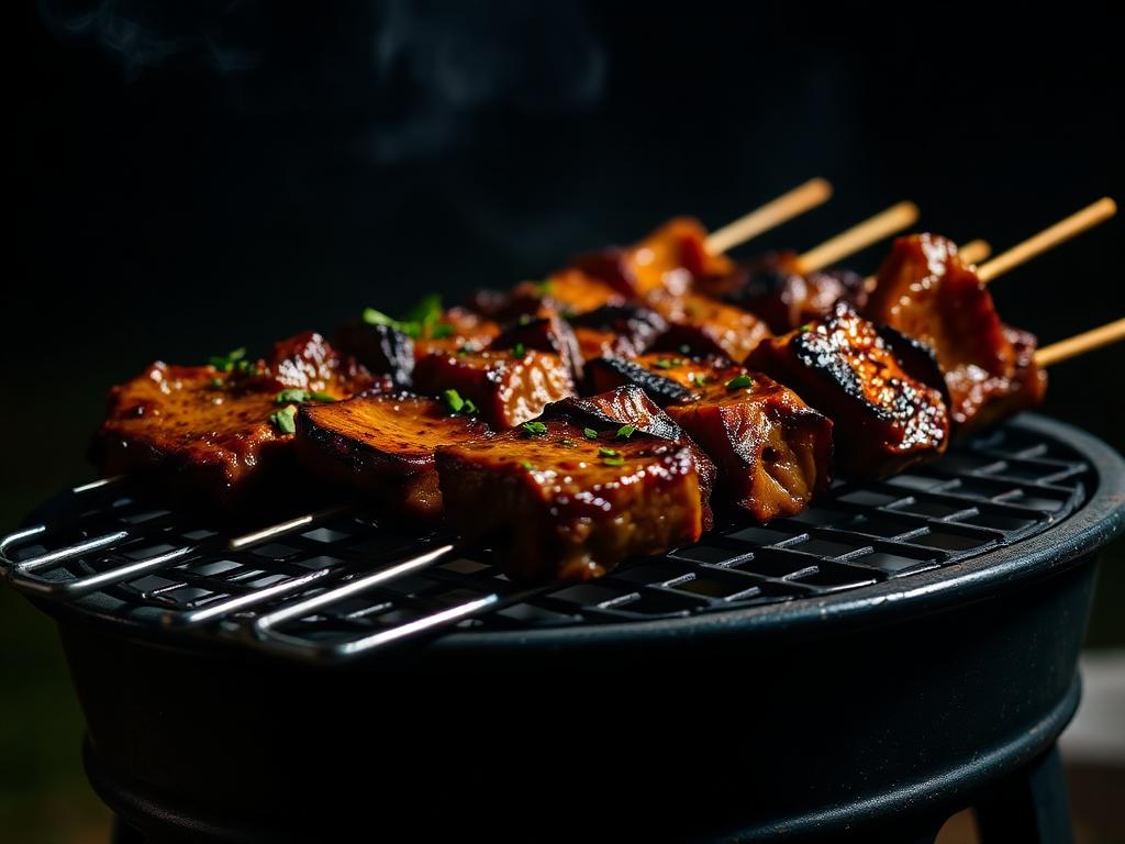Grillattuja lihavartaita hiiligrillin päällä