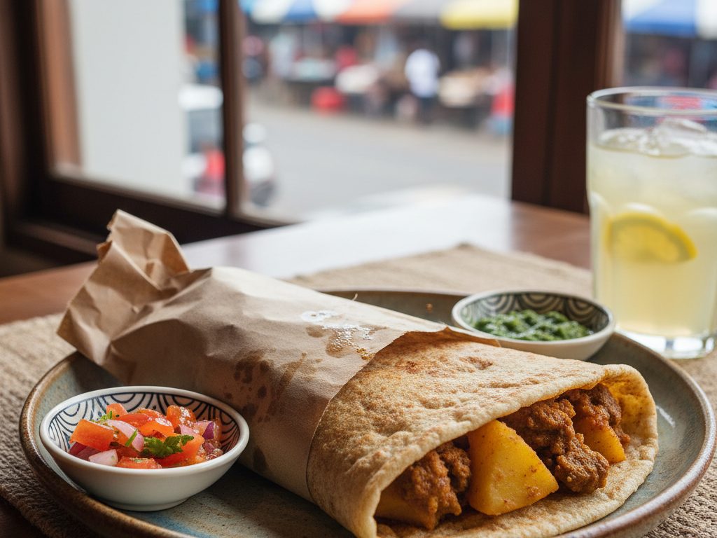 Roti-leipä curryn kanssa käärittynä paperiin