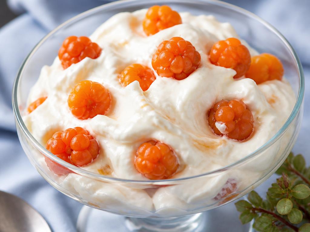 Vatkattua kermaa ja oransseja lakkoja lasissa