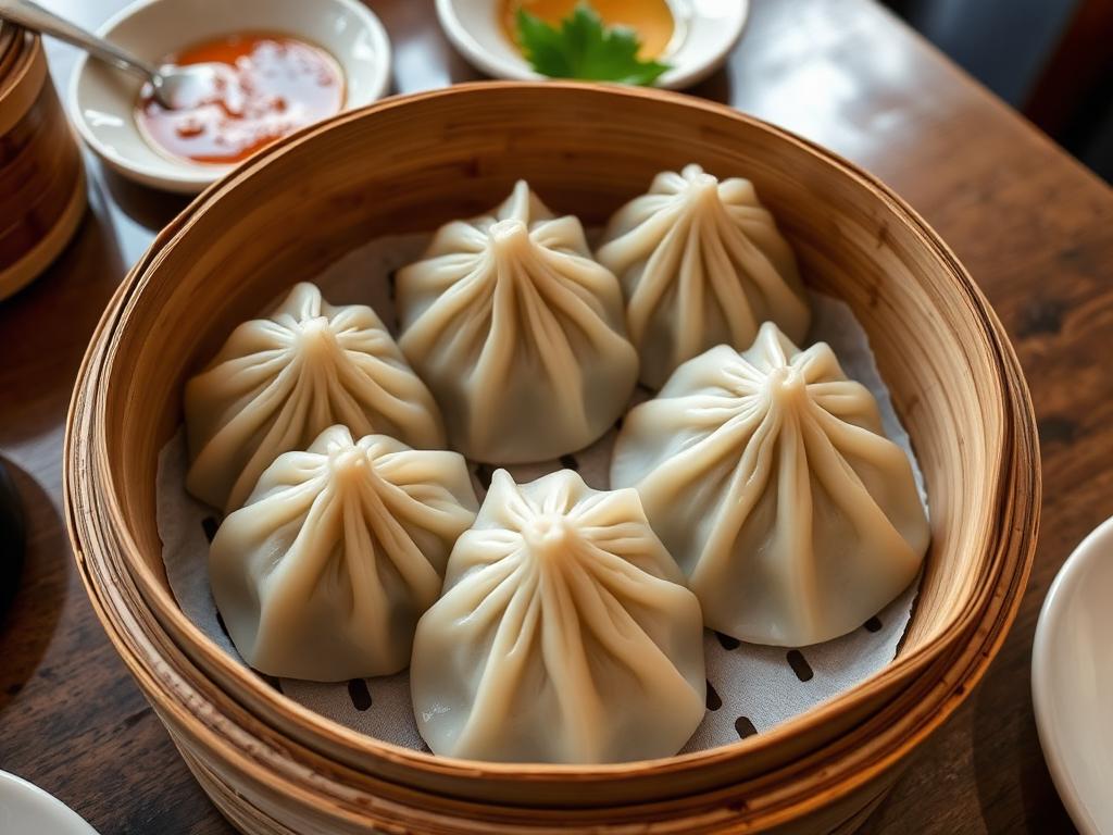 Höyrytettyjä poimutettuja dumplingeja bambukorissa