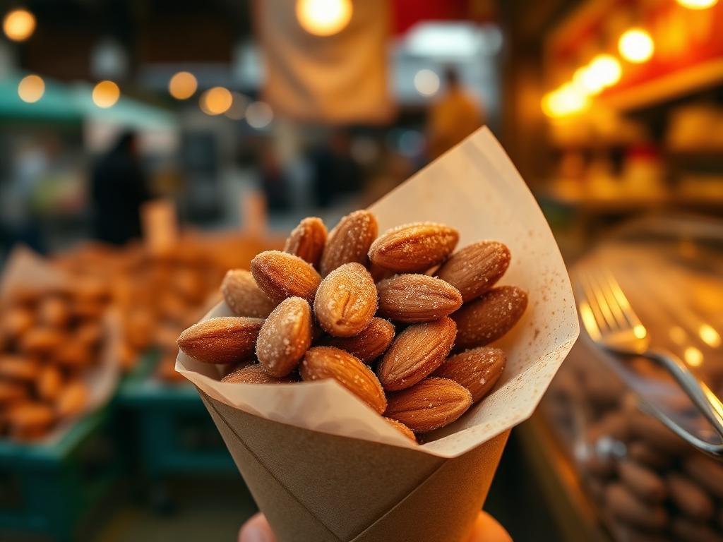 Kanelissa paahdettuja manteleita paperipussissa torikojulla