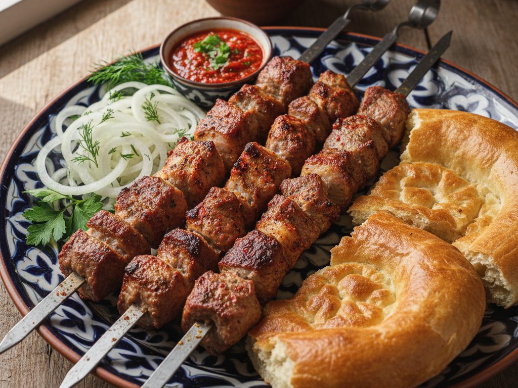 Grillattuja lihavartaita hiilloksen päällä
