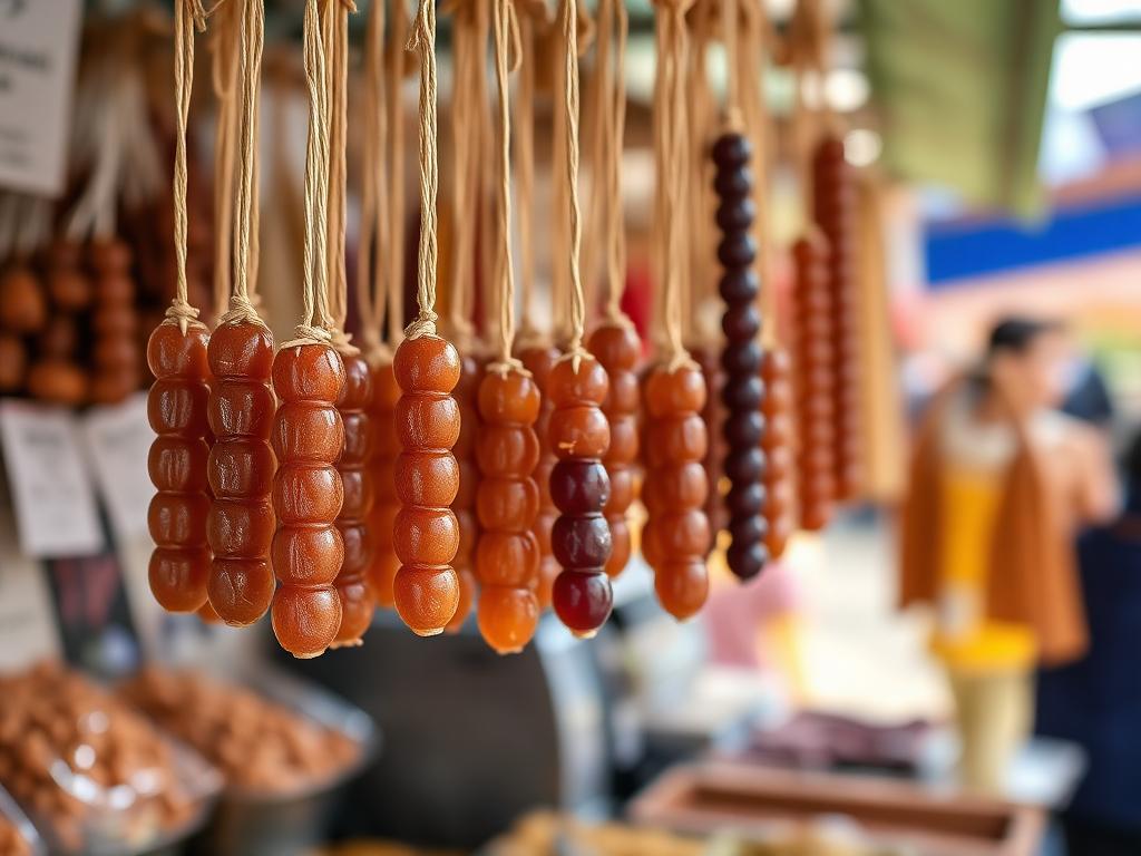 Riippuvia ruskeita pähkinänauhoja torikojussa