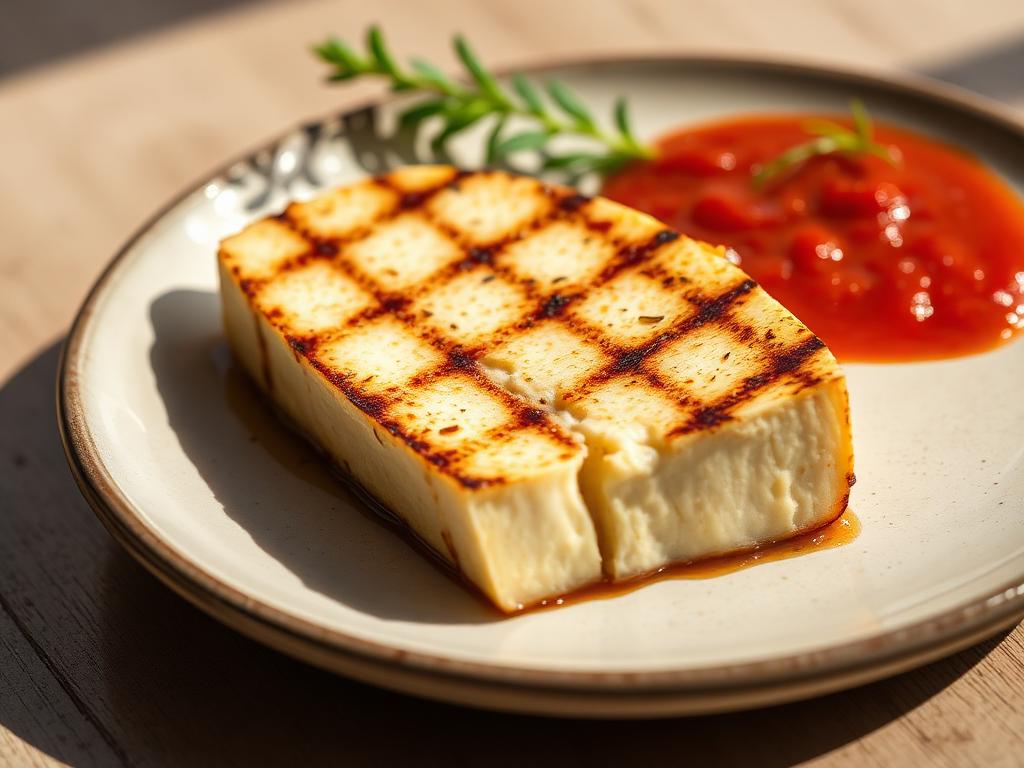 Grillattu juustoviipale kastikkeen kera lautasella