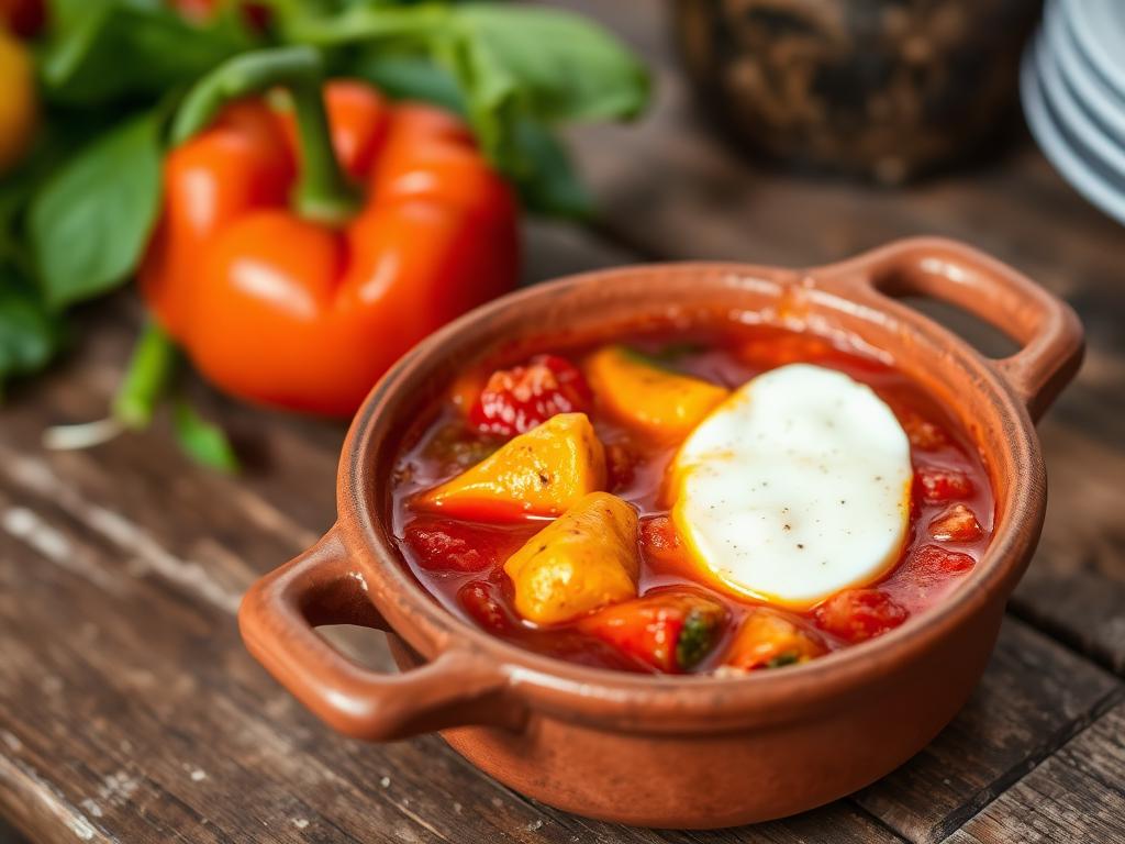 Punainen paprika ja juustopata pienessä savivadissa