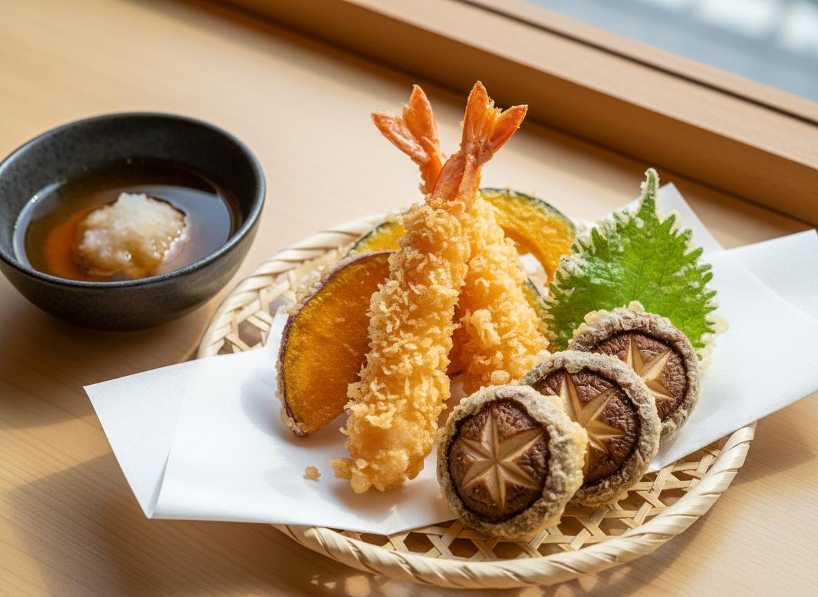 Tempura-äyriäisiä ja kasviksia riisin kera