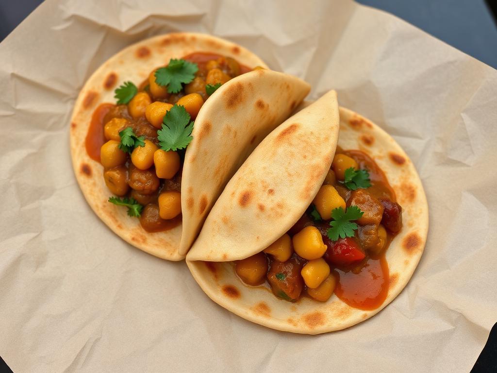 Paistettuja ohuita leipiä curry-kikherneillä paperin päällä