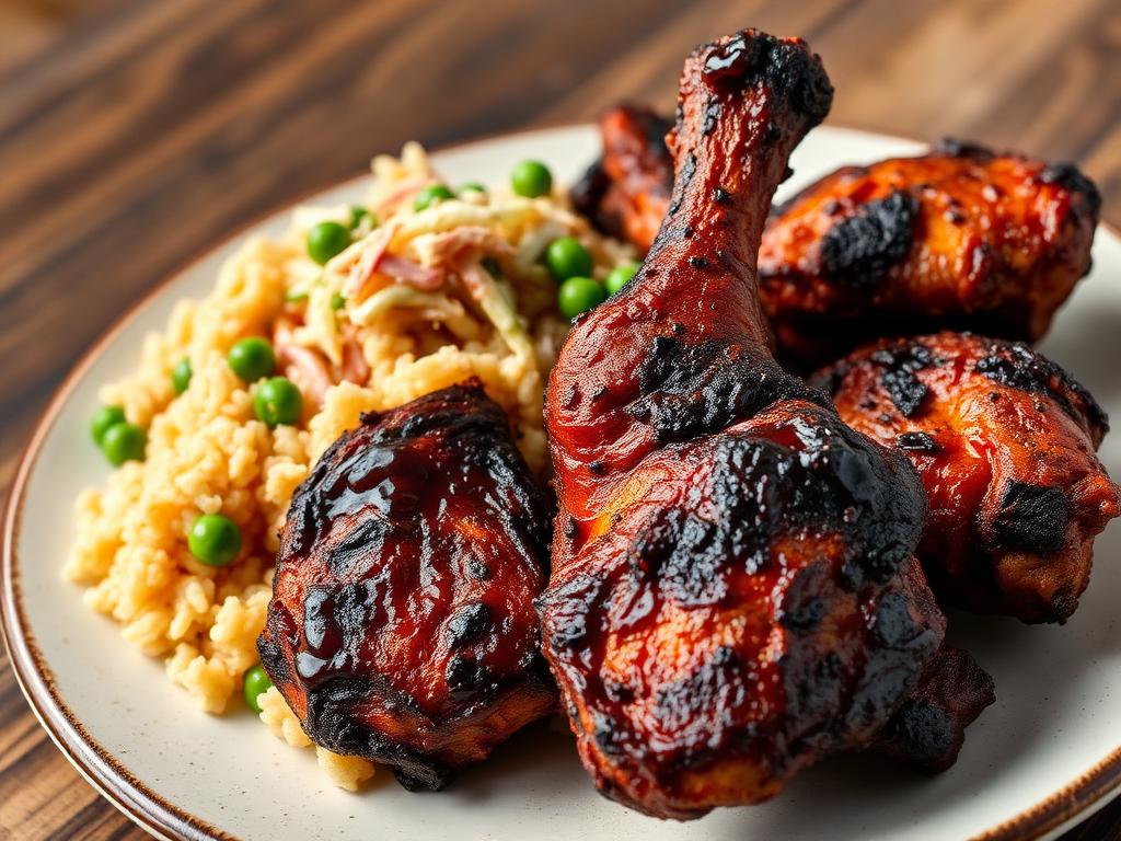 Grillattua tummaksi maustettua kanaa riisin ja papujen kanssa