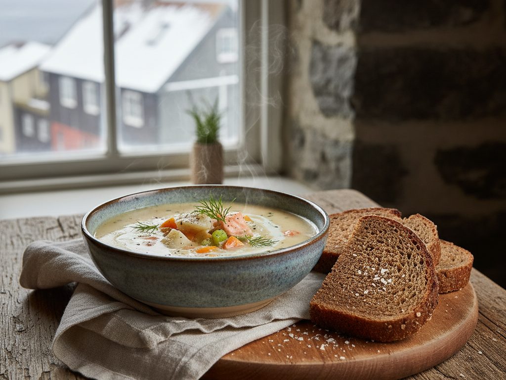 Kermaista kalakeittoa kulhossa tummine leipineen