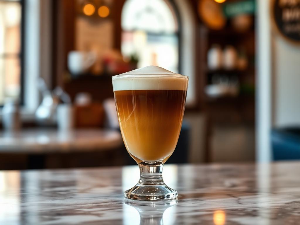 Pieni lasi espressoa maitovaahdolla kahvilan tiskillä