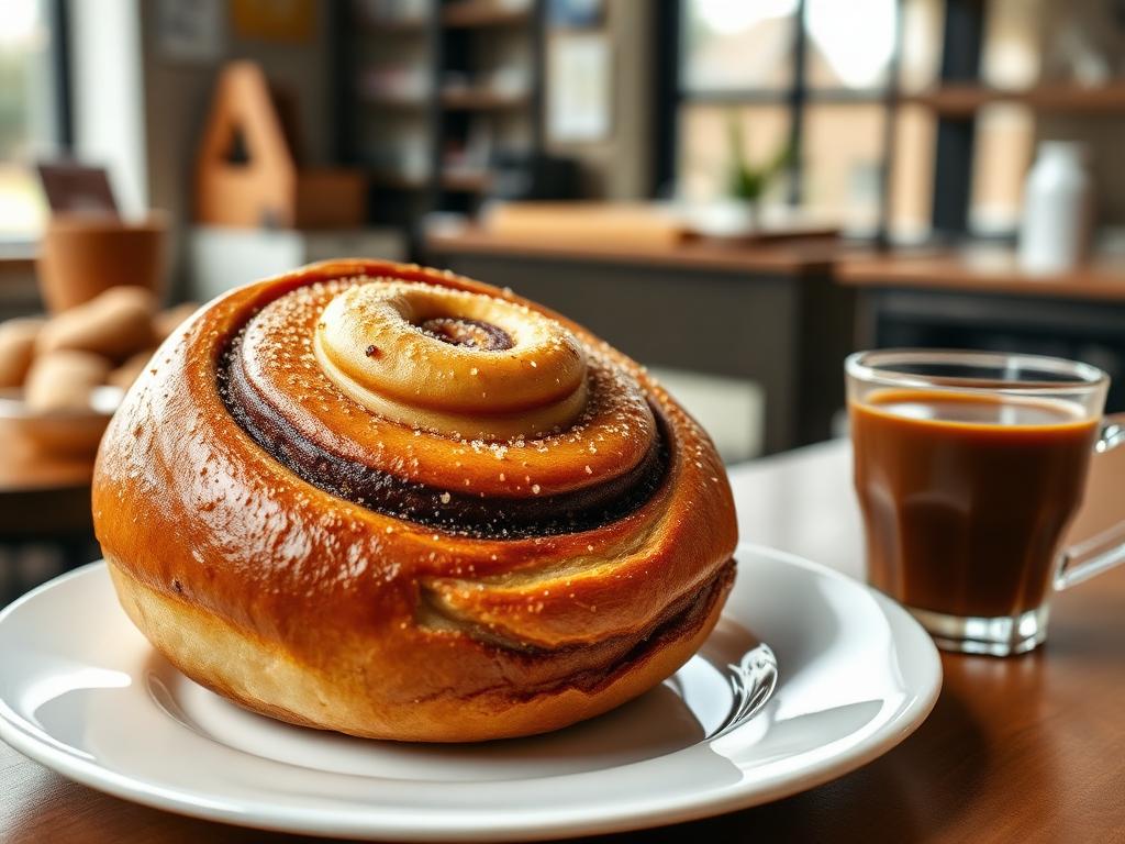 Suuri kierrepulla kanelitäytteellä kahvikupin vieressä