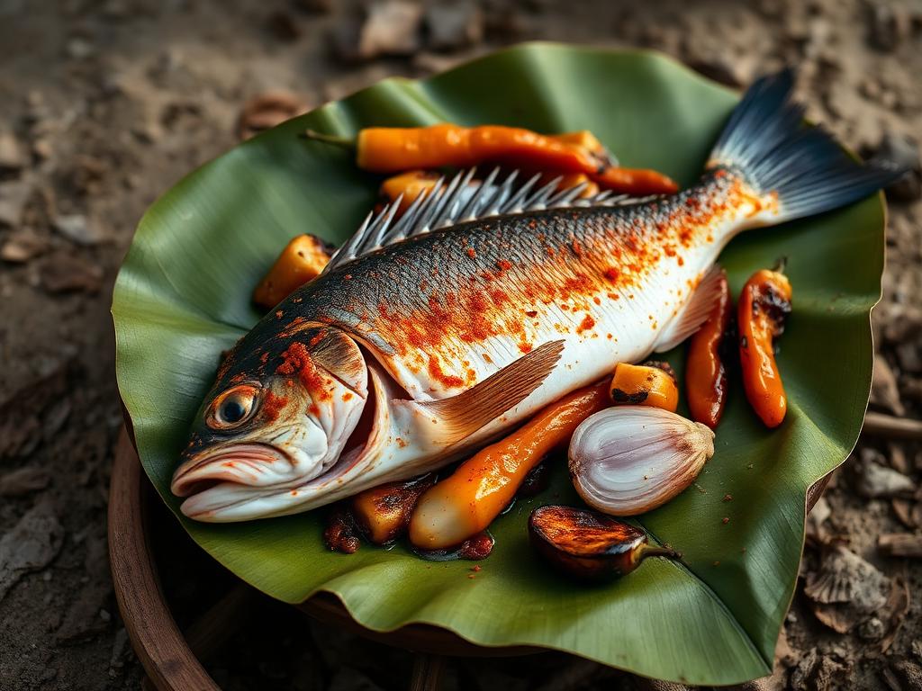Oranssiksi marinoitu grillattu kala banaaninlehdellä