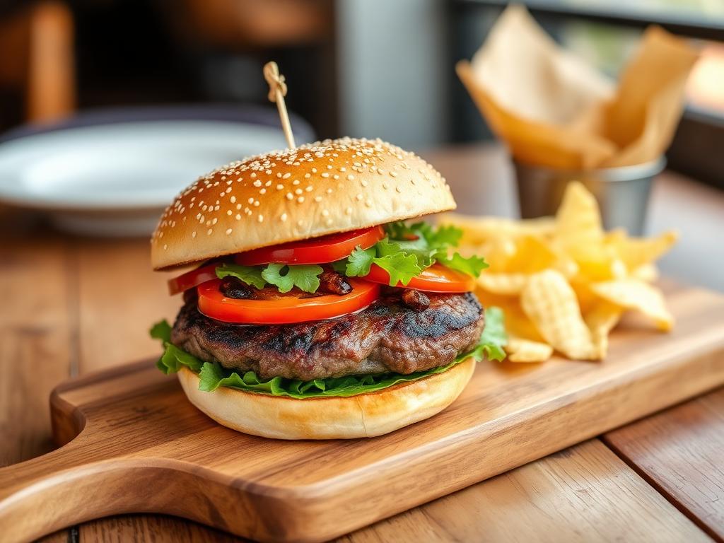 Burgeri sämpylässä lihapihvin ja sipulin kanssa